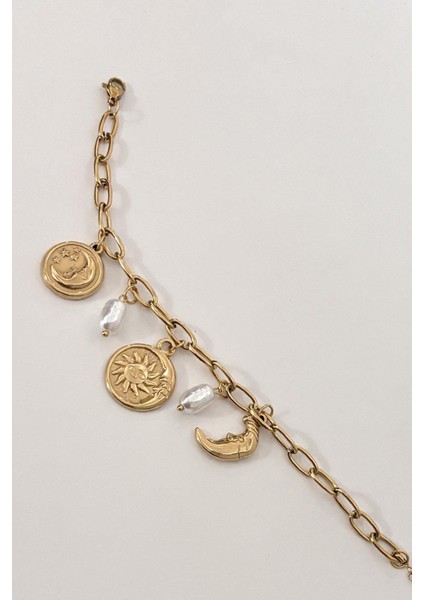 316L Çelik Güneş Ay ve Para Figürlü Inci Detaylı Sallantılı Gold Renk Kadın Bileklik fırsatları