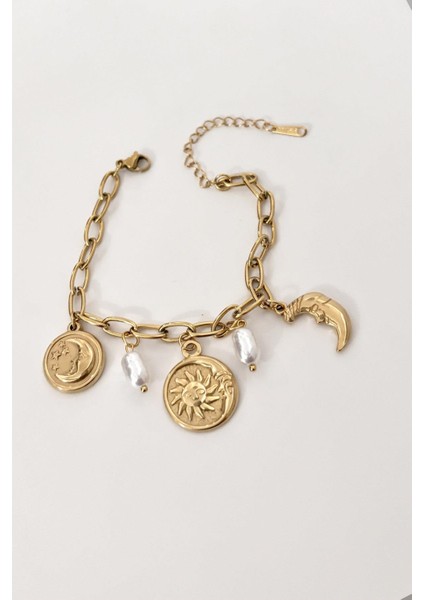 316L Çelik Güneş Ay ve Para Figürlü Inci Detaylı Sallantılı Gold Renk Kadın Bileklik indirimleri