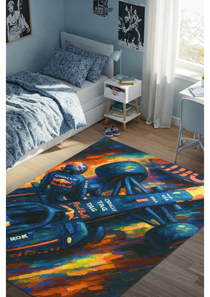 Renkli Formula 1 Halısı Dijital Baskılı Dokuma Kaymaz Tabanlı Yıkanabilir Evcil Hayvan Dostu F1 Temalı Ofis Halısı
