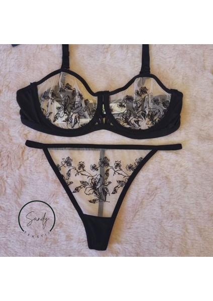 Dantelli Gülkurusu Siyah Fantezi Lena Sütyen Takımı modelleri