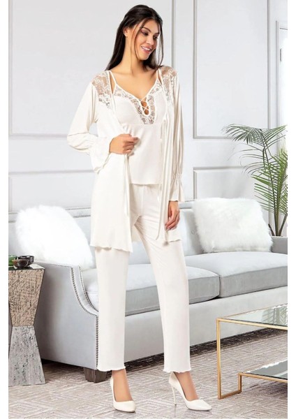 8903 Kadın Sabahlıklı Pijama Takımı-Ekru