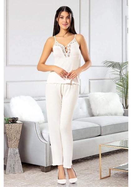 8903 Kadın Sabahlıklı Pijama Takımı-Ekru fiyatları