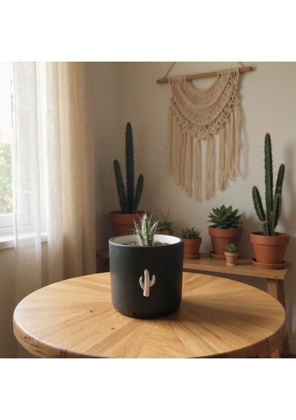 Dekoratif Beton Saksı Silindir Koyu Kaktüs Tema 13X13 cm