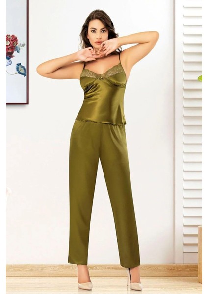 4908 Kadın Dantel Detaylı Saten Sabahlıklı Ip Askılı Pijama Takım-Haki fiyatları