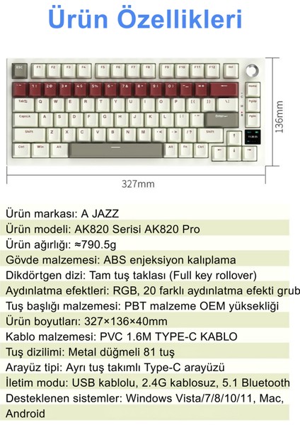 Ajazz AK820 Pro 3 Modlu%75 Mekanik Klavye, Tft Akıllı Ekran Gasket-Mounted Oyuncu Klavyesi, Bluetooth 5.1/2.4g Kablosuz/type-C Kablolu (AK820 Pro - Krem Kırmızı - Gift Switch) fiyatları