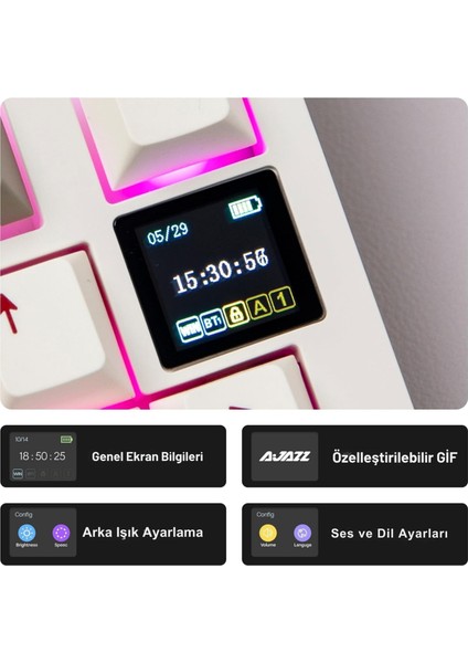 Ajazz AK820 Pro 3 Modlu%75 Mekanik Klavye, Tft Akıllı Ekran Gasket-Mounted Oyuncu Klavyesi, Bluetooth 5.1/2.4g Kablosuz/type-C Kablolu (AK820 Pro - Krem Kırmızı - Gift Switch) fırsatları