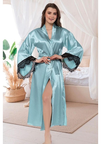5903 Kadın Saten Uzun Kollu Dantel Detaylı Uzun Sabahlık-Mint