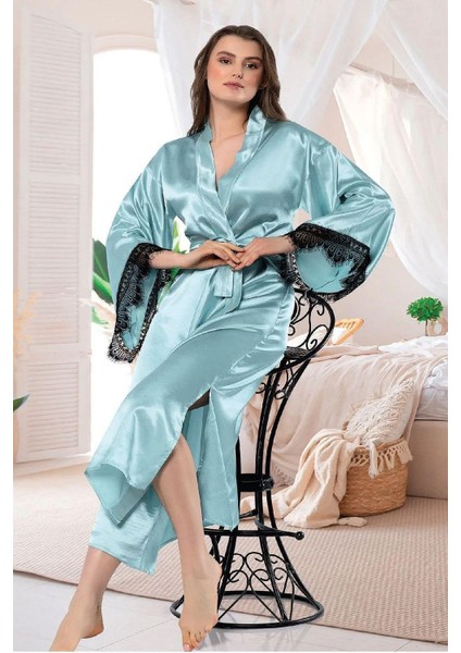 5903 Kadın Saten Uzun Kollu Dantel Detaylı Uzun Sabahlık-Mint fiyatları