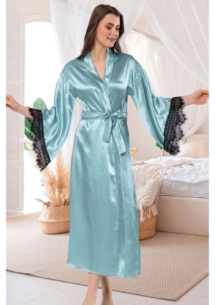 5903 Kadın Saten Uzun Kollu Dantel Detaylı Uzun Sabahlık-Mint modelleri
