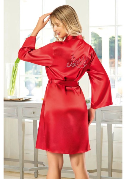 5907 Kadın Saten Bride Sabahlık-Kırmızı