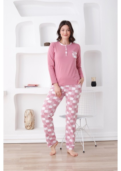 Ekoseli Kadın Pijama Takımı - 3 Düğmeli Uzun Kollu Likralı Penye Cepli Alt