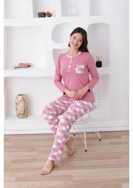 Ekoseli Kadın Pijama Takımı - 3 Düğmeli Uzun Kollu Likralı Penye Cepli Alt fırsatları