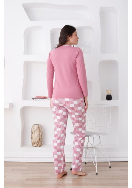 Ekoseli Kadın Pijama Takımı - 3 Düğmeli Uzun Kollu Likralı Penye Cepli Alt indirimleri