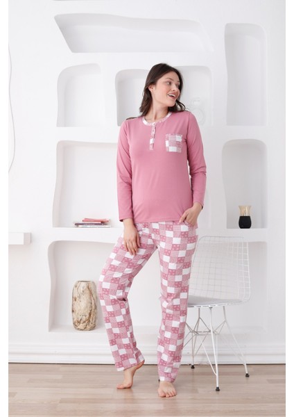 Ekoseli Kadın Pijama Takımı - 3 Düğmeli Uzun Kollu Likralı Penye Cepli Alt