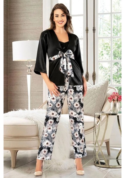 4910 Kadın Saten Sabahlıklı Ip Askılı Pijama Takım-Siyah fiyatları
