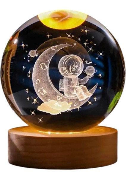 Ay ve Astronot Figürlü Işıklı Cam Küre – Ahşap Altlıklı USB Dekoratif Lamba 6 cm