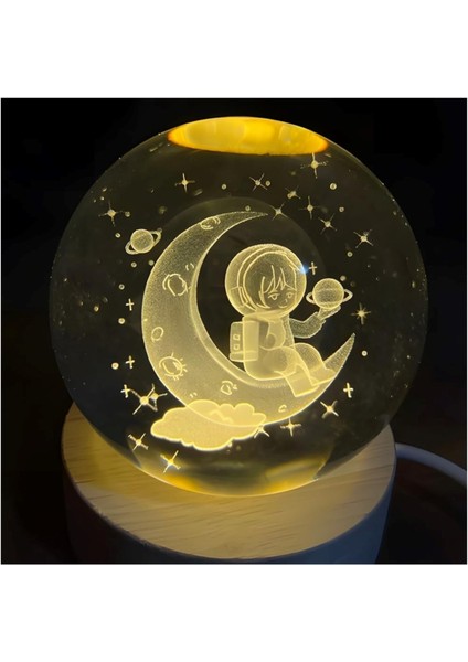 Ay ve Astronot Figürlü Işıklı Cam Küre – Ahşap Altlıklı USB Dekoratif Lamba 6 cm modelleri