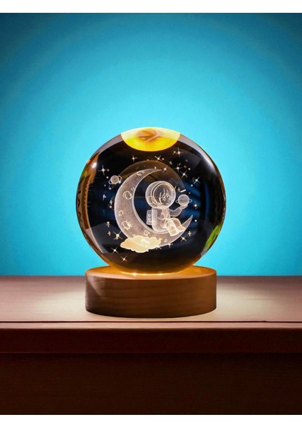 Ay ve Astronot Figürlü Işıklı Cam Küre – Ahşap Altlıklı USB Dekoratif Lamba 6 cm indirimleri