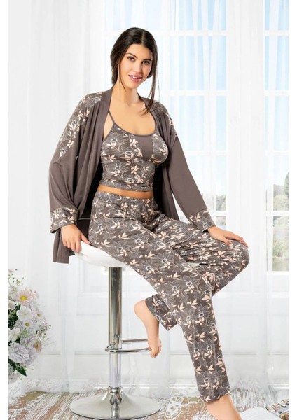 8901 Kadın Sabahlıklı Pijama Takımı-Füme