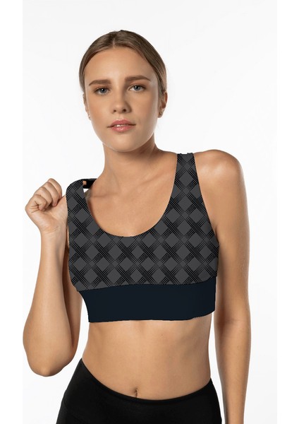 Antrasit Desenli Yüksek Destekli Sırt Detaylı Kaplı Kadın Spor Sütyeni