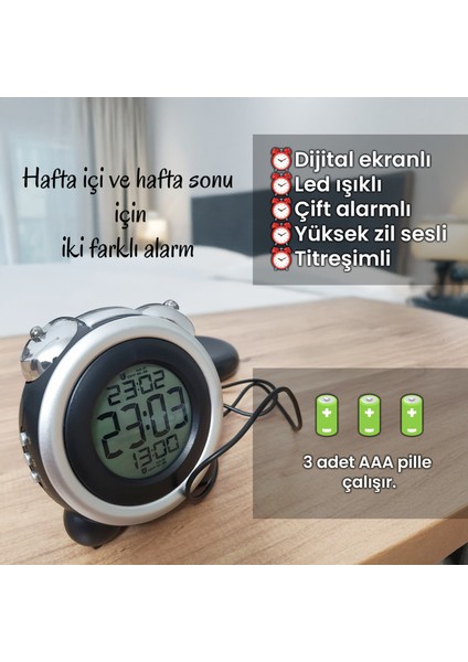 Çift Alarmlı Titreşimli Yüksek Zil Sesli Tarih Göstergeli LED Işıklı Dijital Masa Saati fırsatları