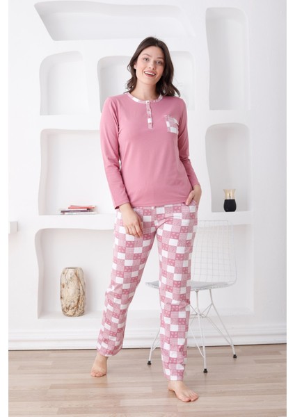 Ekoseli Kadın Pijama Takımı - 3 Düğmeli Uzun Kollu Likralı Penye Cepli Alt fiyatları