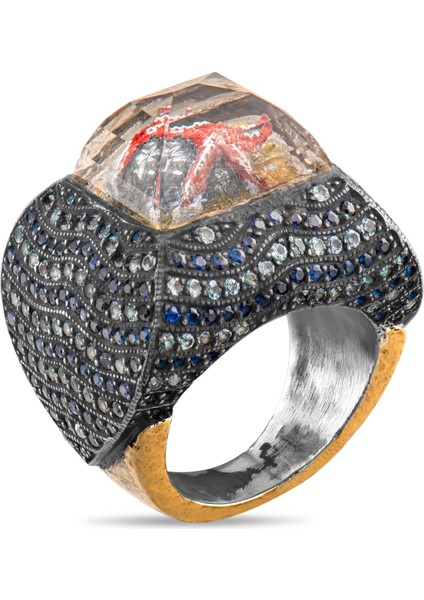 6.00 Karat Siyah Pırlanta Safir Yüzük, Deniz Yıldızı Motifli, Gerçek Pırlanta, Sertifikalı Mücevher