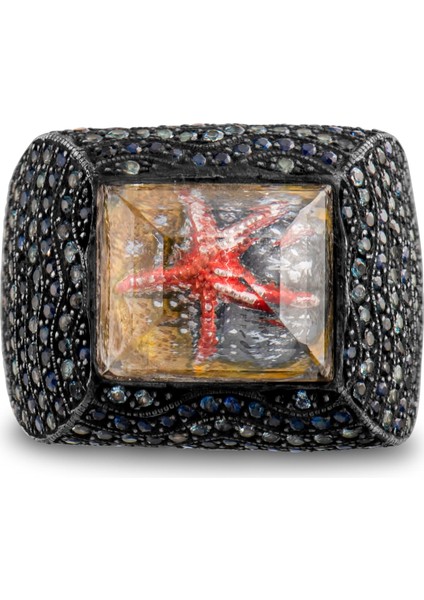 6.00 Karat Siyah Pırlanta Safir Yüzük, Deniz Yıldızı Motifli, Gerçek Pırlanta, Sertifikalı Mücevher fırsatları