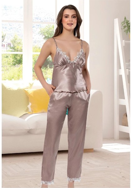 4904 Kadın Dantel Detaylı Saten Sabahlıklı Ip Askılı Pijama Takım-Vizon modelleri