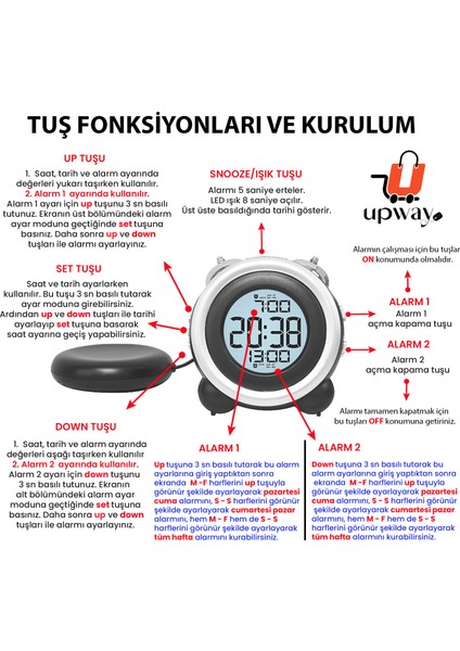 Çift Alarmlı Titreşimli Yüksek Zil Sesli Tarih Göstergeli LED Işıklı Dijital Masa Saati