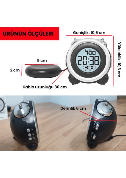 Çift Alarmlı Titreşimli Yüksek Zil Sesli Tarih Göstergeli LED Işıklı Dijital Masa Saati