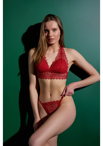 Dantelli Bralet Takım – Desteksiz B Cup Sütyen & Tanga Külot – Siyah / Kırmızı – 80-85-90-95 Beden