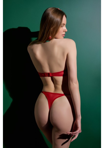 Dantelli Bralet Takım – Desteksiz B Cup Sütyen & Tanga Külot – Siyah / Kırmızı – 80-85-90-95 Beden fırsatları