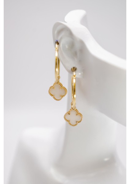 Sedef Taşlı Yonca Figürlü 14 Ayar Altın Halka Küpe | Şık ve Modern Tasarım fiyatları