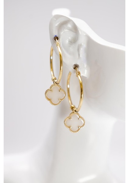 Sedef Taşlı Yonca Figürlü 14 Ayar Altın Halka Küpe | Şık ve Modern Tasarım modelleri