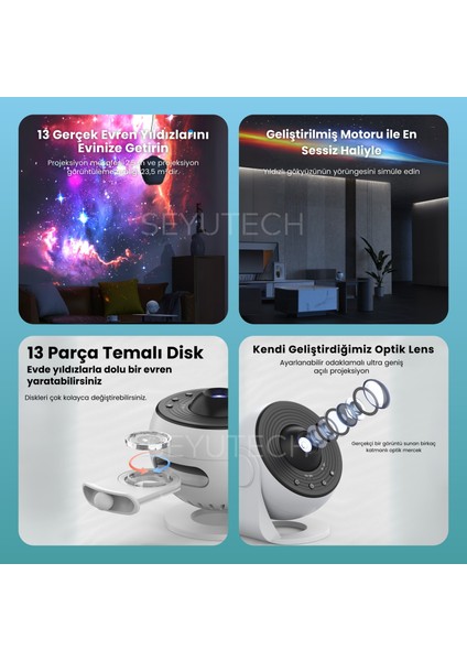 Diskli Galaksi Projektör 13 Film Disk Hd Gerçekçi Yıldızlı Galaksi Gökyüzü Masa ve Gece Lambası modelleri