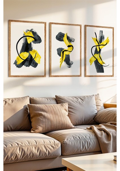 3 Parça Siyah ve Sarının Soyut Dansı Temalı Ahşap Çerçeve Görünümlü Mdf Tablo Seti