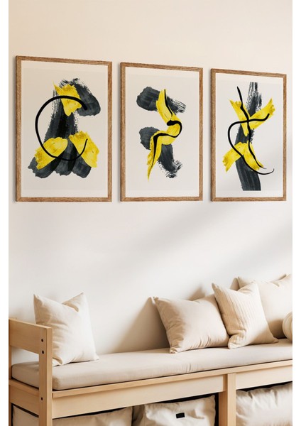 3 Parça Siyah ve Sarının Soyut Dansı Temalı Ahşap Çerçeve Görünümlü Mdf Tablo Seti fiyatları