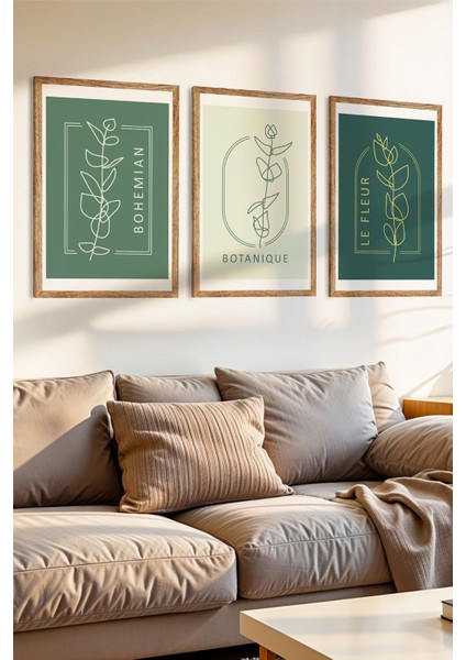 3 Parça Minimal Lineart Botanik Çiçekler Temalı Ahşap Çerçeve Görünümlü Mdf Tablo Seti