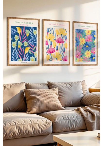 3 Parça Doğanın Güzellikleri Temalı Ahşap Çerçeve Görünümlü Mdf Tablo Seti