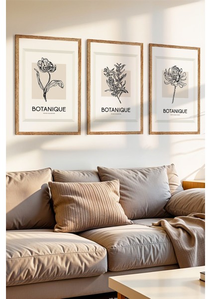 3 Parça Minimal Botanik Çiçekler Temalı Ahşap Çerçeve Görünümlü Mdf Tablo Seti