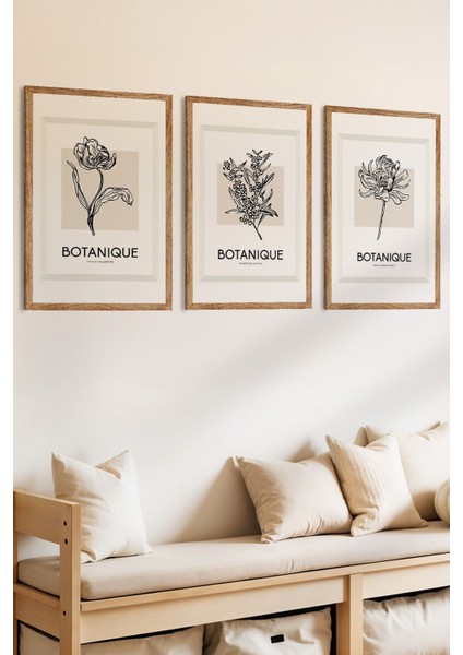 3 Parça Minimal Botanik Çiçekler Temalı Ahşap Çerçeve Görünümlü Mdf Tablo Seti fiyatları