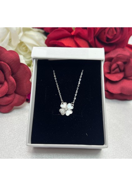 Zirkon Taşlı Dört Yapraklı Yonca Kadın Kolyesi 925 Ayar Gümüş Zincirli Rodyumlu