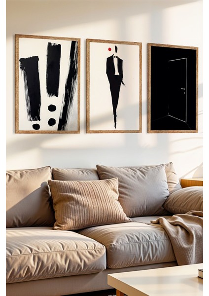 3 Parça Siyahın Hikayesi Temalı Ahşap Çerçeve Görünümlü Mdf Tablo Seti