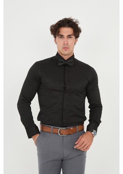 Saten Ata Yaka Smokin Gizli Düğmeli Pamuklu Likralı Slim Fit Erkek Gömlek fırsatları