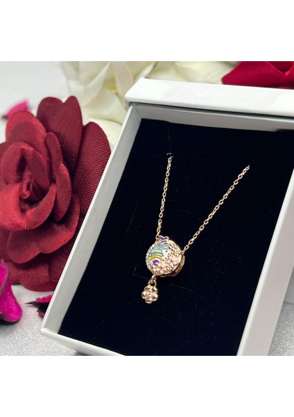 Gökkuşağı ve Mineli Çiçek Sallantılı Kadın Kolyesi 925 Ayar Gümüş Zincirli Rose Gold Kaplama Zirkon Taşlı