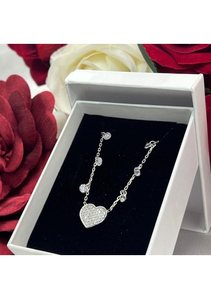 Taşlı Kalp Kadın Kolyesi 925 Ayar Gümüş Rodyumlu Zirkon Taşlı