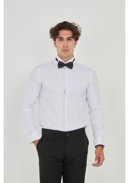Saten Ata Yaka Smokin Gizli Düğmeli Pamuklu Likralı Slim Fit Erkek Gömlek