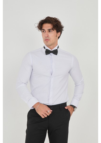 Saten Ata Yaka Smokin Gizli Düğmeli Pamuklu Likralı Slim Fit Erkek Gömlek fiyatları