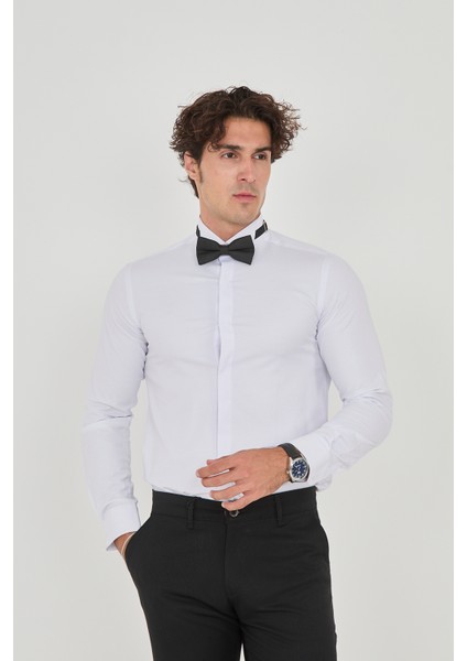 Saten Ata Yaka Smokin Gizli Düğmeli Pamuklu Likralı Slim Fit Erkek Gömlek fırsatları